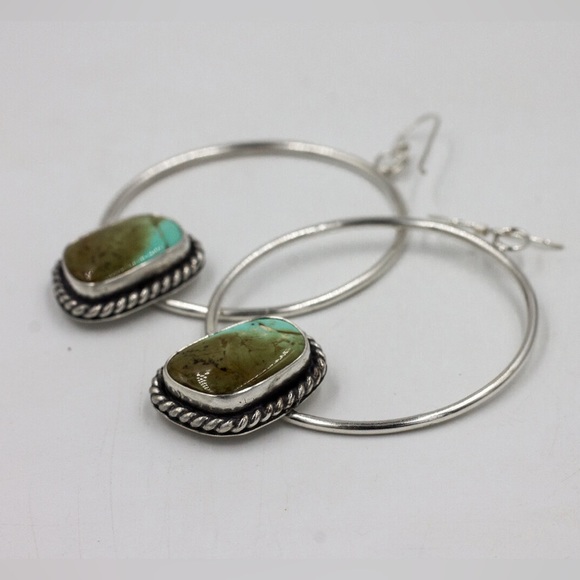 2” Sterling Silver Kingman Turquoise Hoop Earrings - Picture 3 of 3